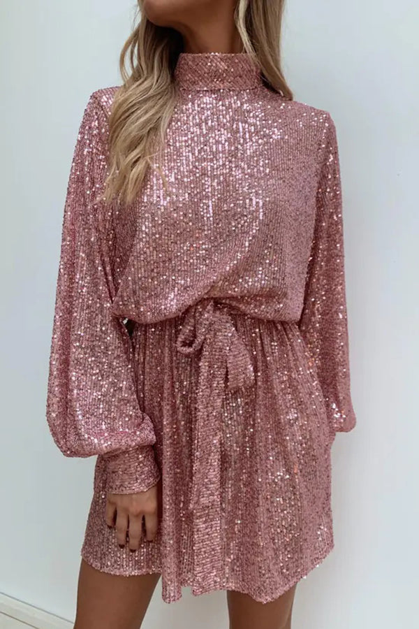 Sequined Long-sleeved Belted Casual Mini Dress