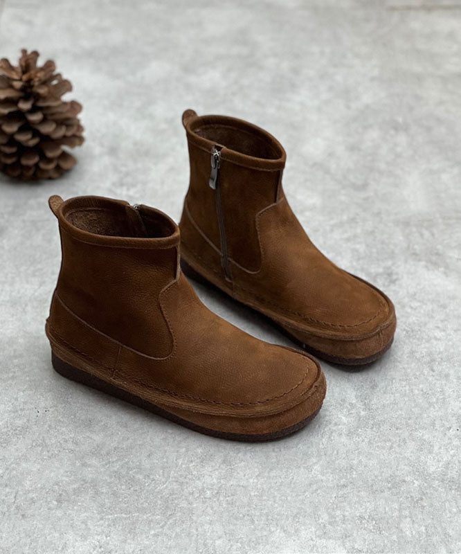 Coffee Cowhide Leather Boots Zippered Vintage Ankle Boots