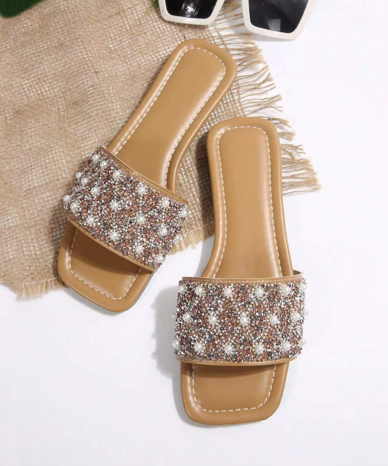 Splicing Nail Bead Apricot Faux Leather Slide Sandals