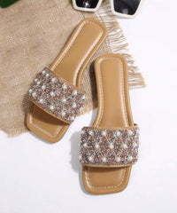 Splicing Nail Bead Apricot Faux Leather Slide Sandals