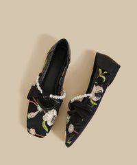 Retro Pink Embroidered Splicing Flat Shoes For Women