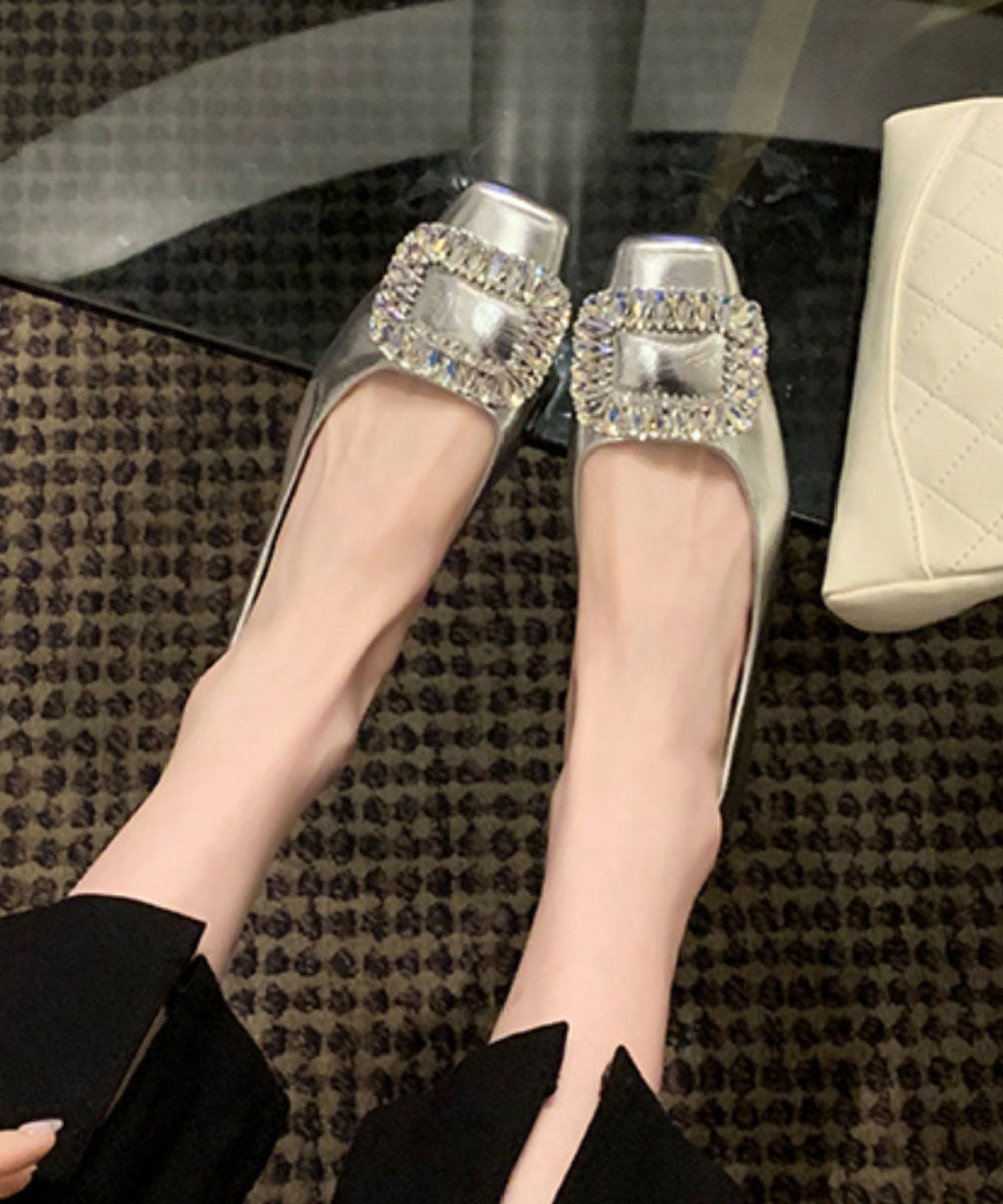 Zircon Sequined Flats Silver Cowhide Leather
