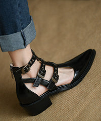 Pointed Toe Zippered Splicing Chunky Sandals Black Cowhide Leather