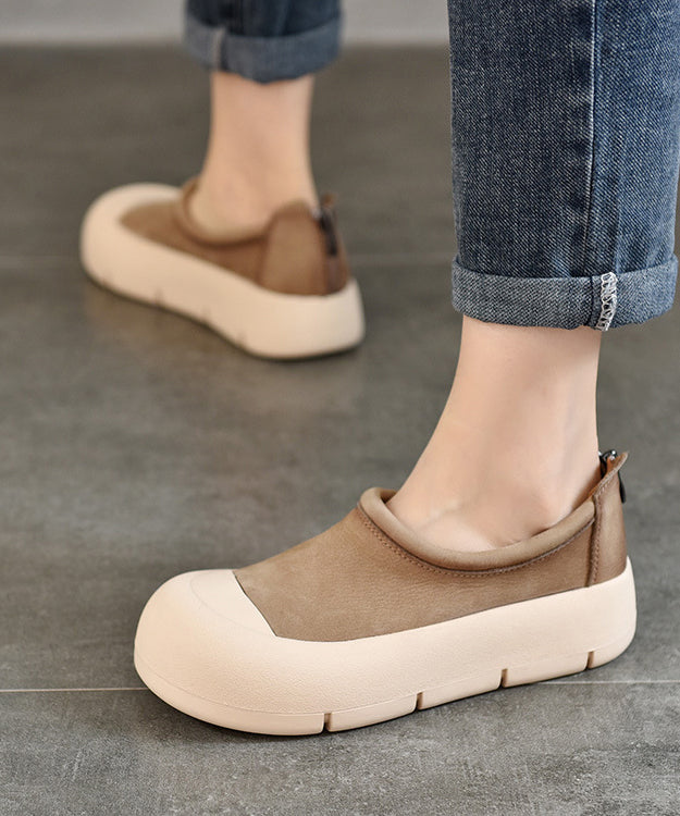 Brown Platform Cowhide Leather Simple Splicing Flat Shoes
