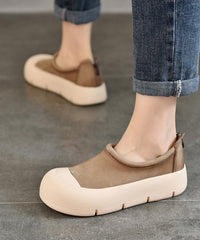Brown Platform Cowhide Leather Simple Splicing Flat Shoes