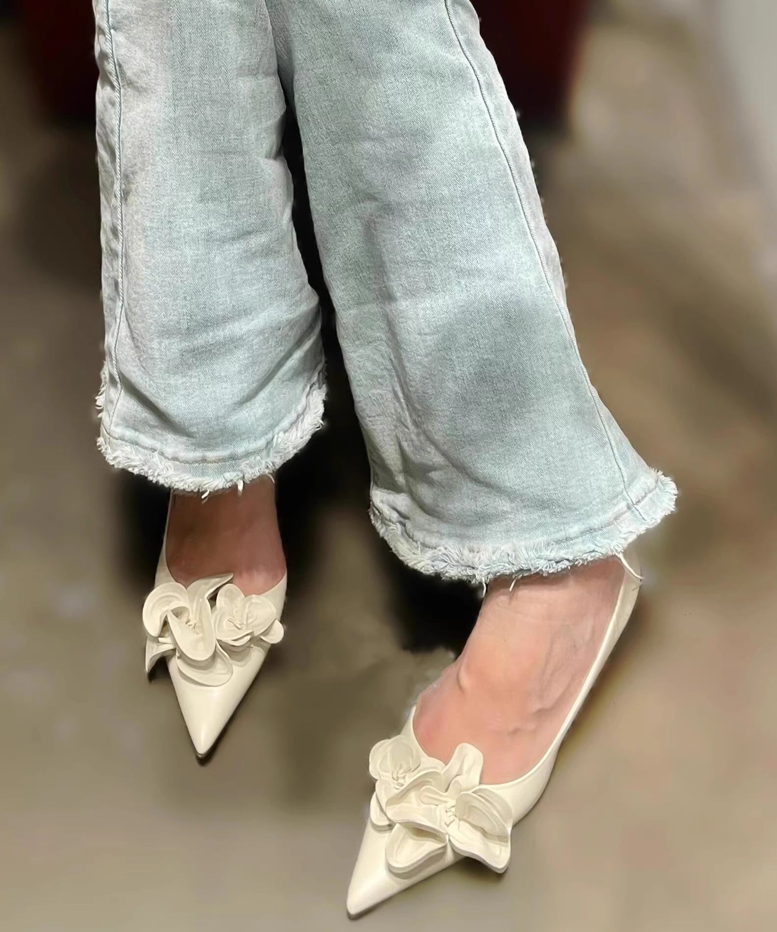 White Floral Splicing Kitten Heels Shoes Pointed Toe