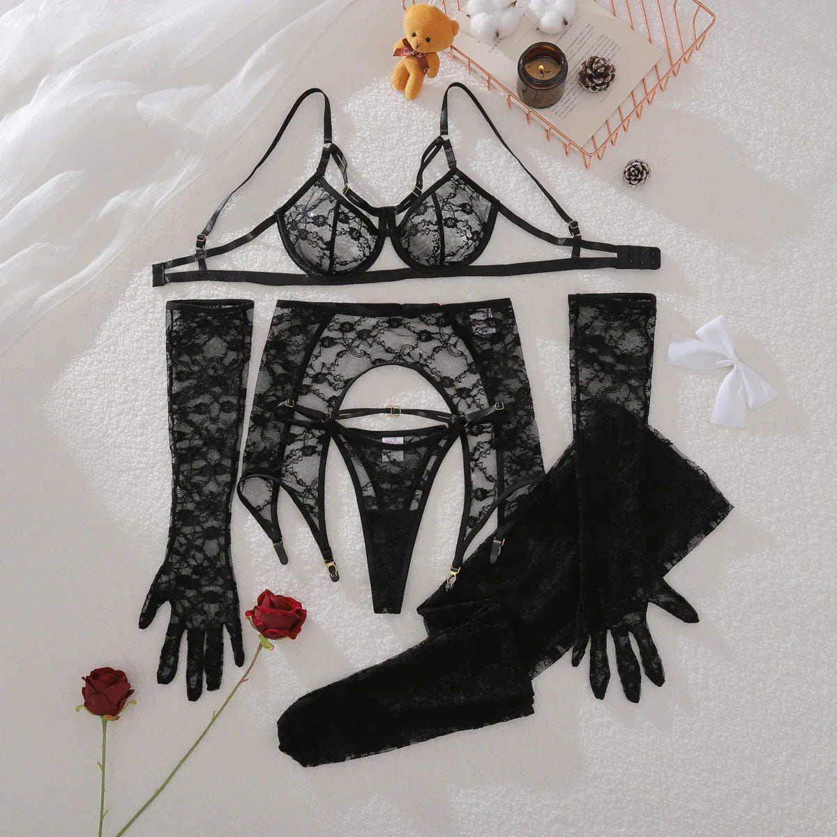 AVELINE 2025 Elegant Lace thong shaping ultra-thin see through stockings five piece set