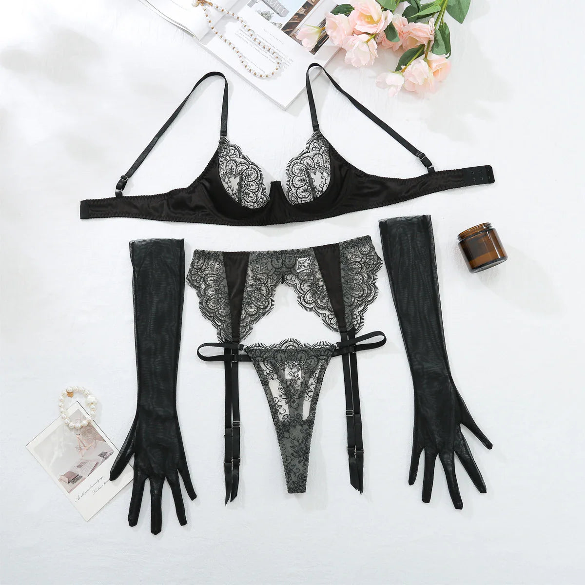 AVELINE 2025 Fall Embroidered Lace Stitching Craft Interest Perspective Back Underwear four-piece Set