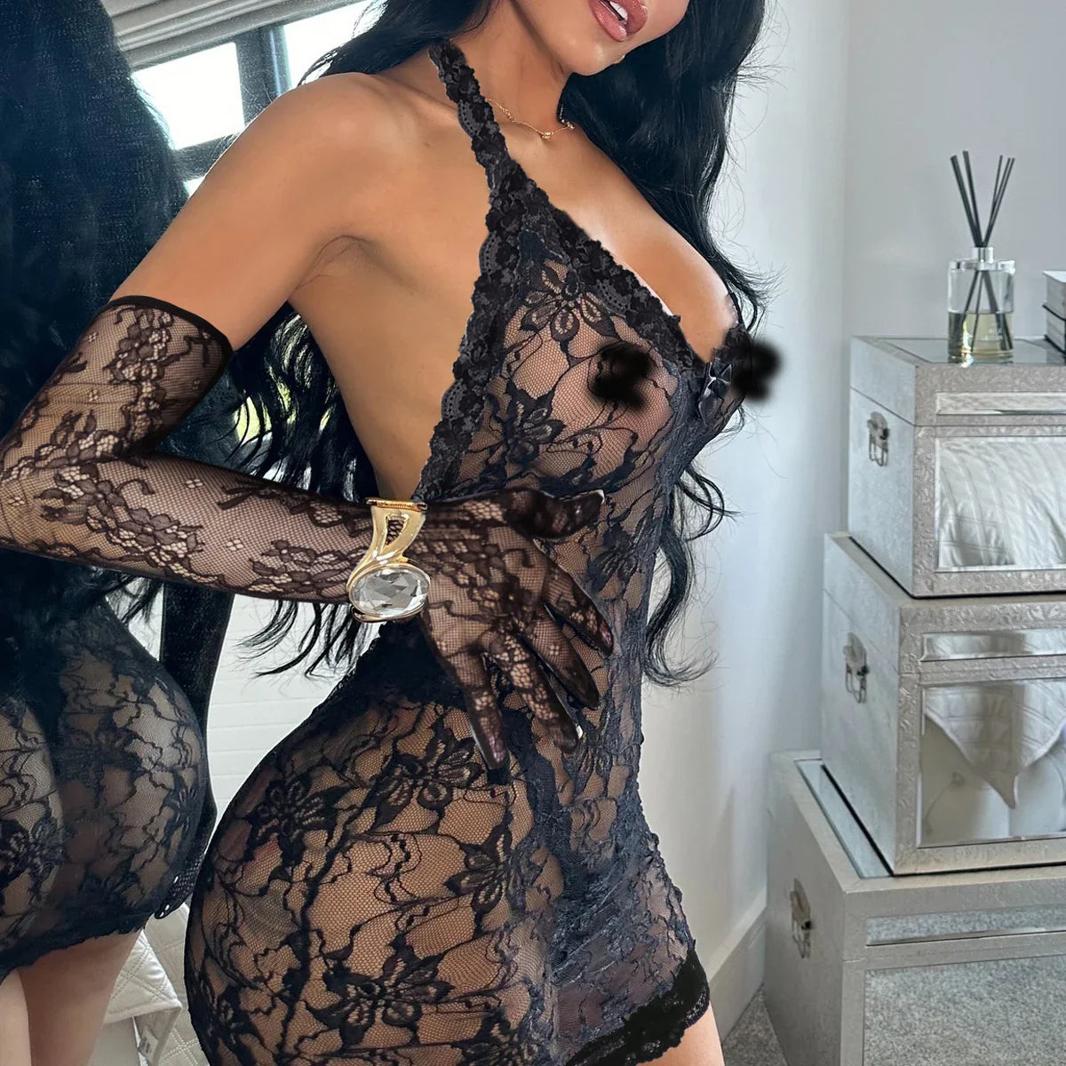 AVELINE 2025 Lace Perspective V-neck Tight Dress Nightclub Mini Skirt 2-piece Set