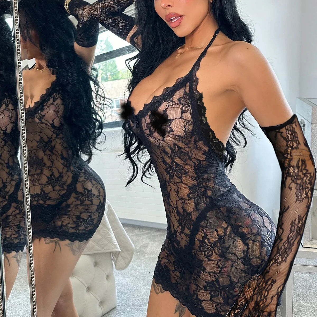 AVELINE 2025 Lace Perspective V-neck Tight Dress Nightclub Mini Skirt 2-piece Set