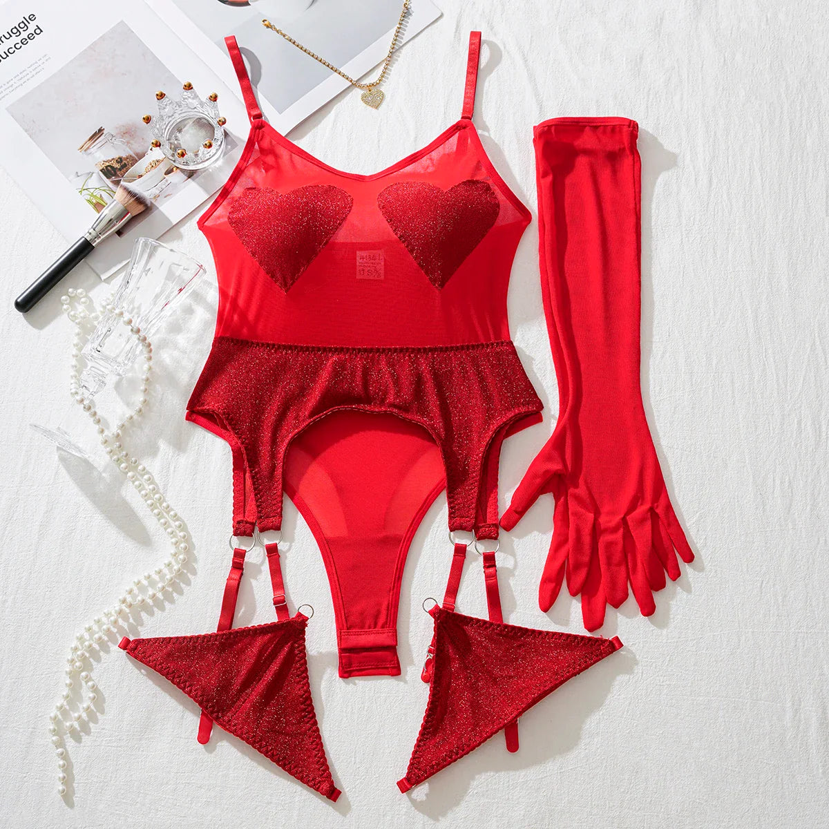 AVELINE 2025 Lingerie Red Love Tight Halter Jumpsuit Free Seduction Erotic four-piece Set