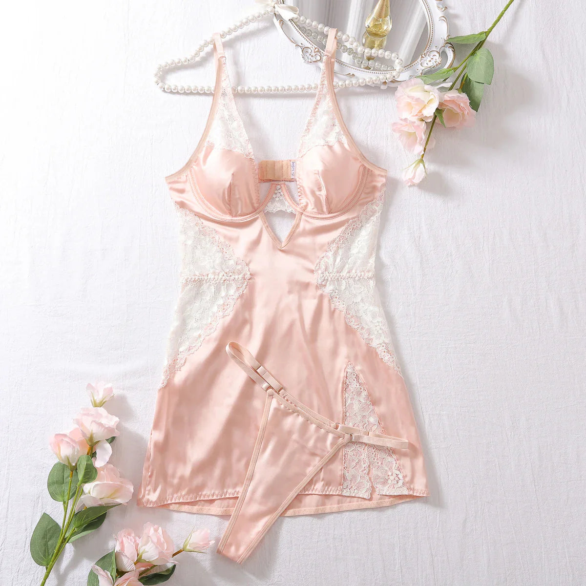 AVELINE 2025 Lace Patchwork Bra Set Erotic Low-cut French Nightgown Split Sling Two Piece Set
