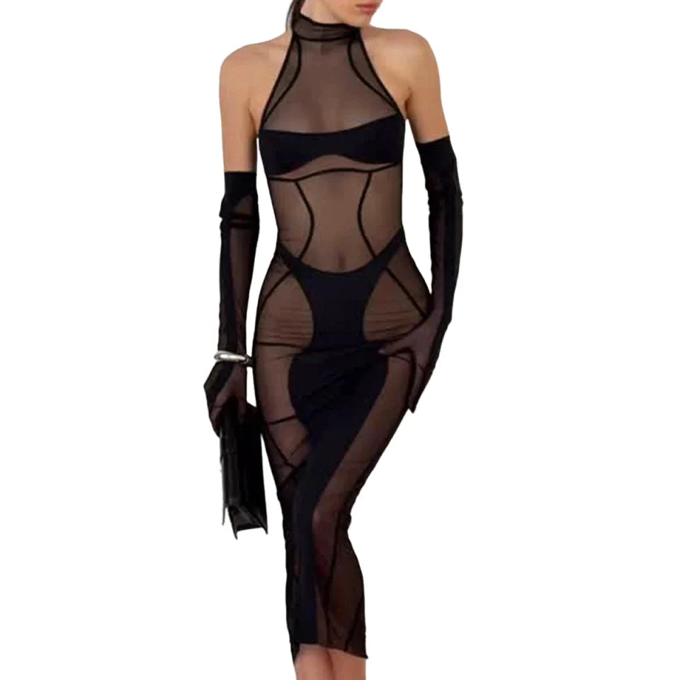 AVELINE 2025 Perspective Gauze Irregular Patchwork Shaping Stunning Nightclub Dress with Gloves three-piece Set