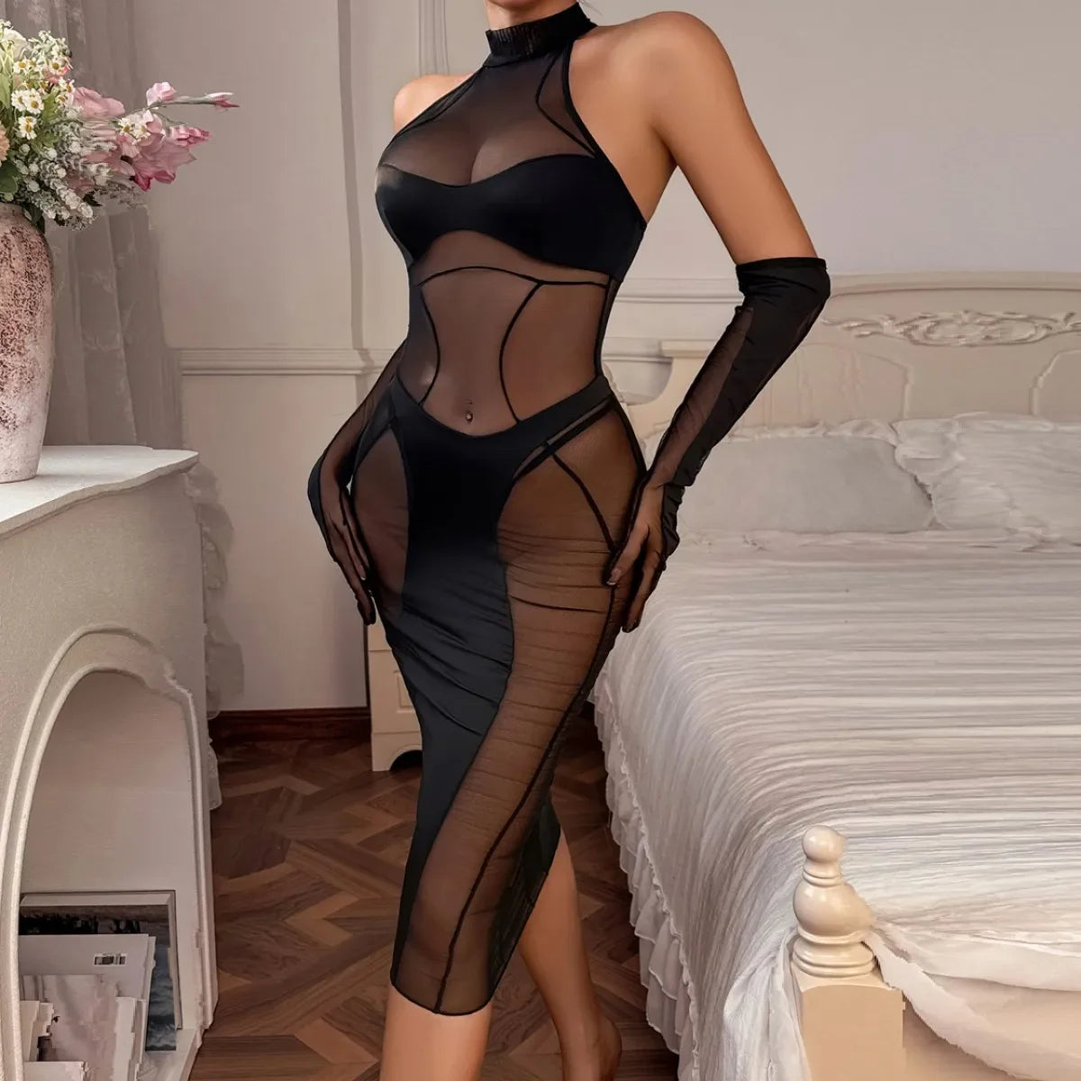 AVELINE 2025 Perspective Gauze Irregular Patchwork Shaping Stunning Nightclub Dress with Gloves three-piece Set