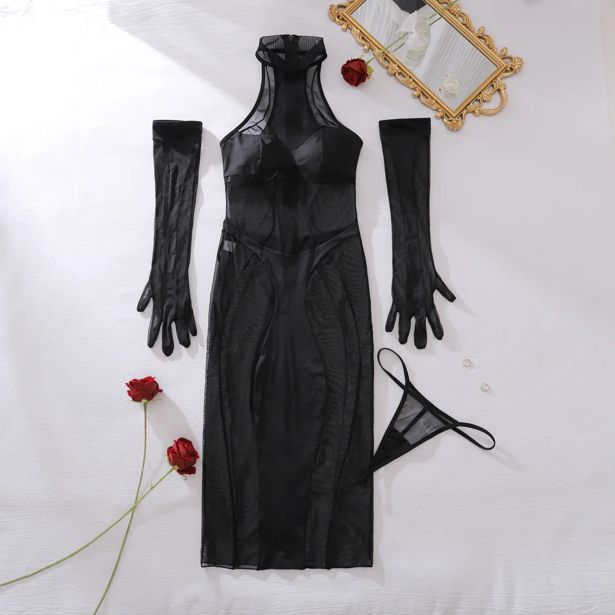 AVELINE 2025 Perspective Gauze Irregular Patchwork Shaping Stunning Nightclub Dress with Gloves three-piece Set