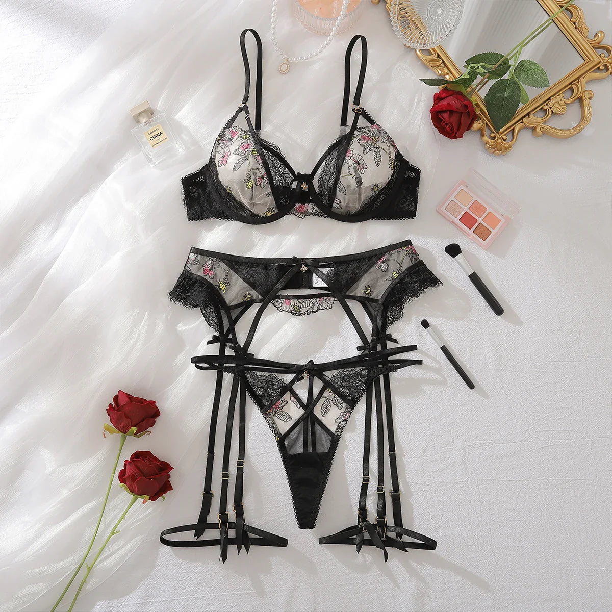 AVELINE 2025 Lace Mesh High Waist Underwear Soft Thin Split Four Piece Set