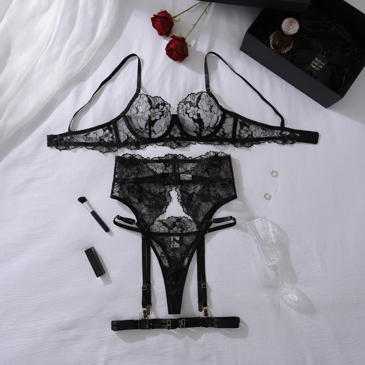 AVELINE 2025 Summer Product Close Fitting Lace Embroidered Lace Transparent Backless Underwear 4-piece Set