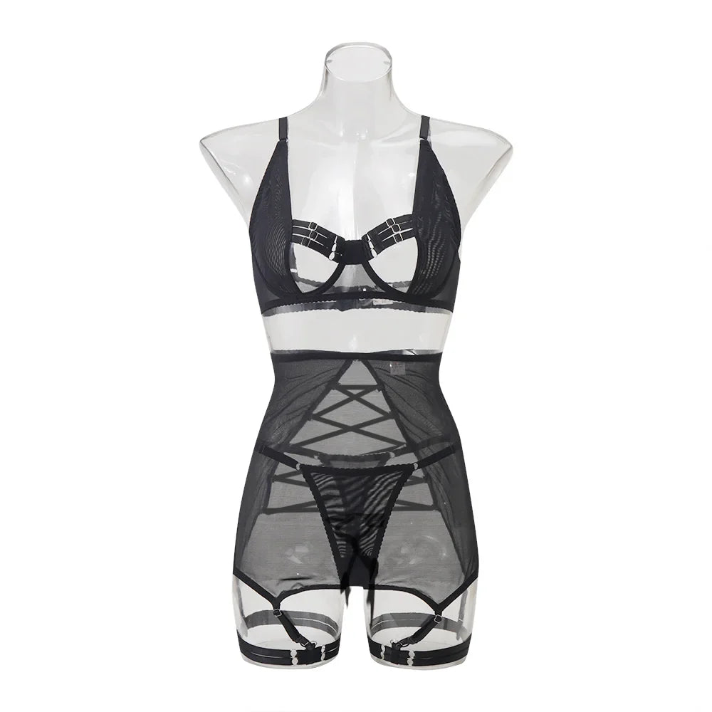 AVELINE 2025  Summer Sizzler strappy see-through mesh lingerie four-piece set