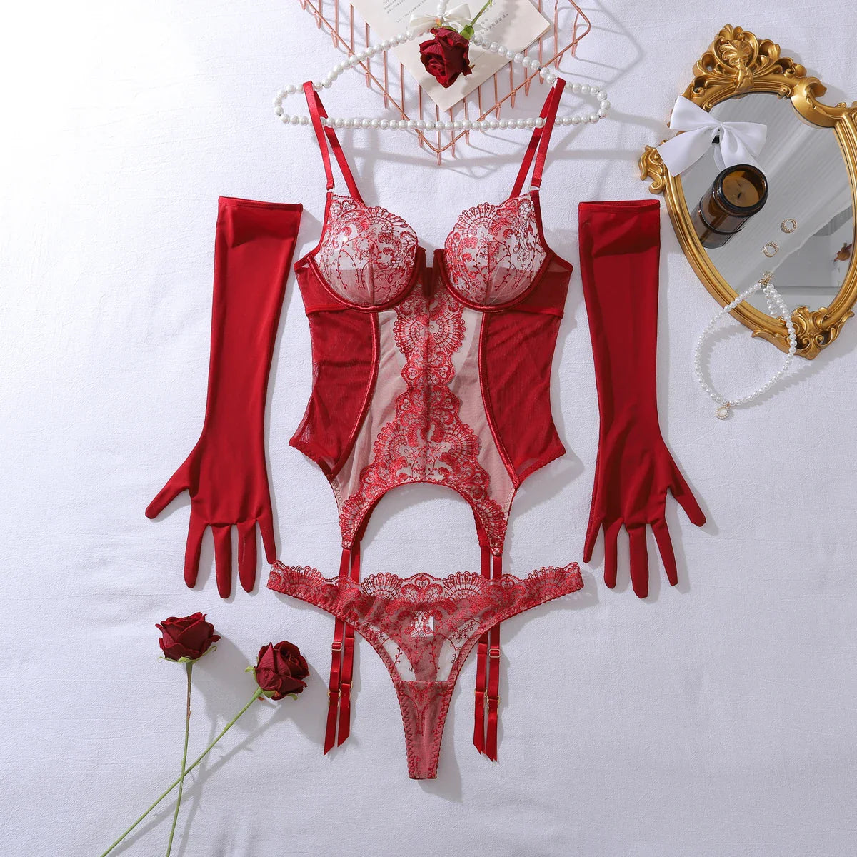 AVELINE 2025 Tight Underwear Super Gloves V-neck Lace Calling Romantic Spicy 3-Piece