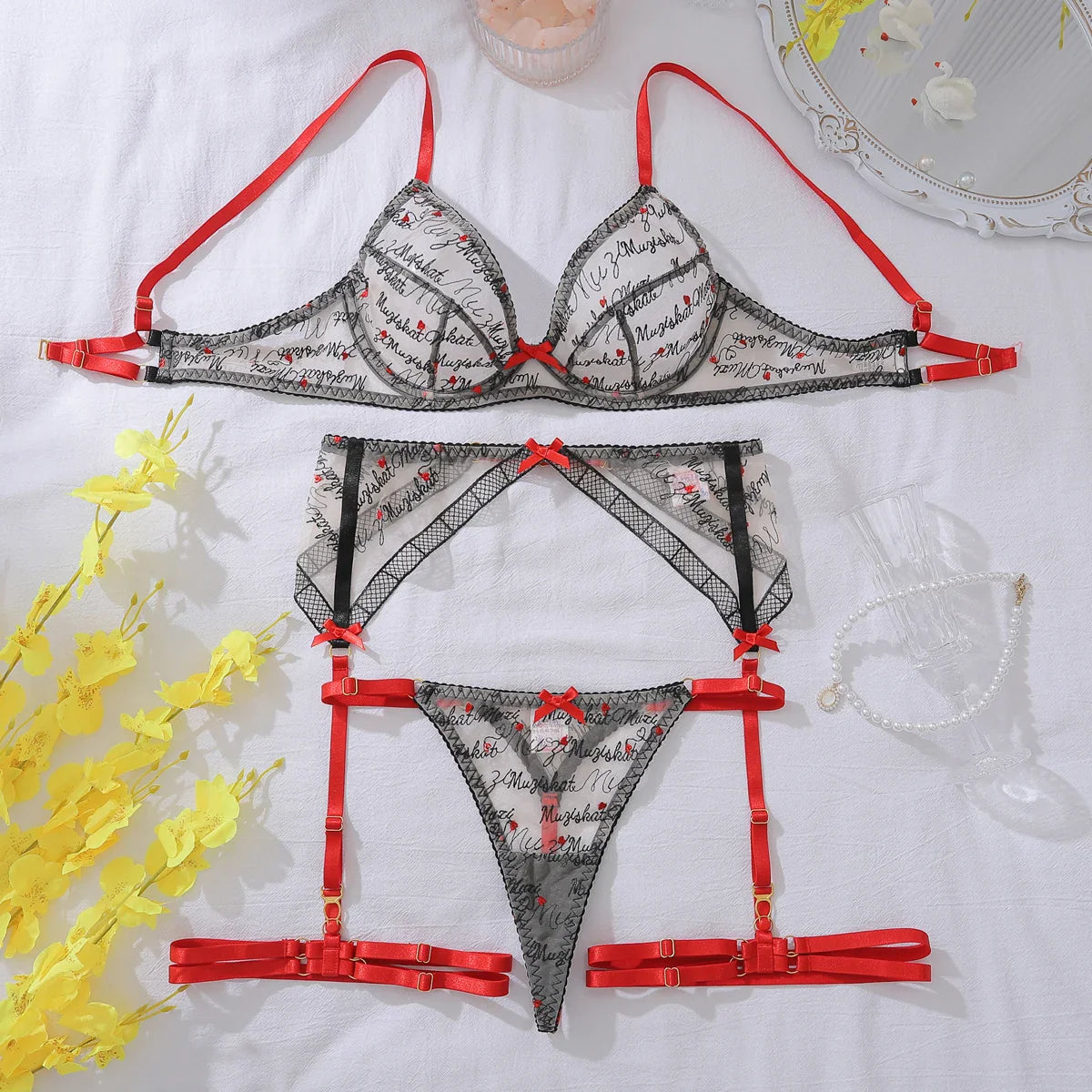 AVELINE 2025 Close fitting Underwear Bra Set Striped Lace Embroidered Flower Contrast Splicing 4-piece Set