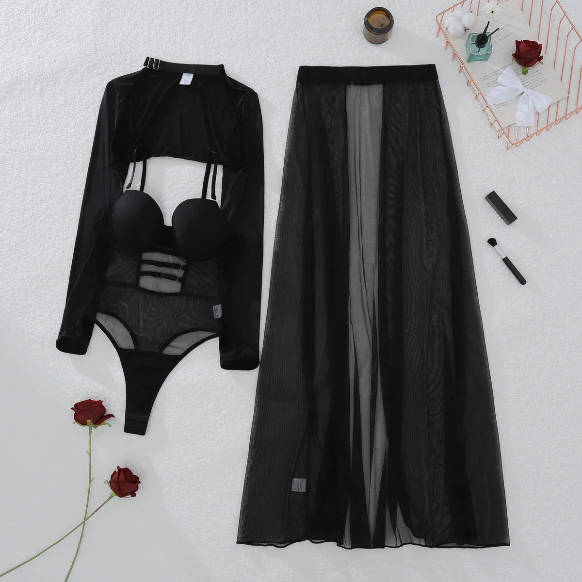 AVELINE 2025 perspective mesh body shaping jumpsuit high slit half skirt three piece set