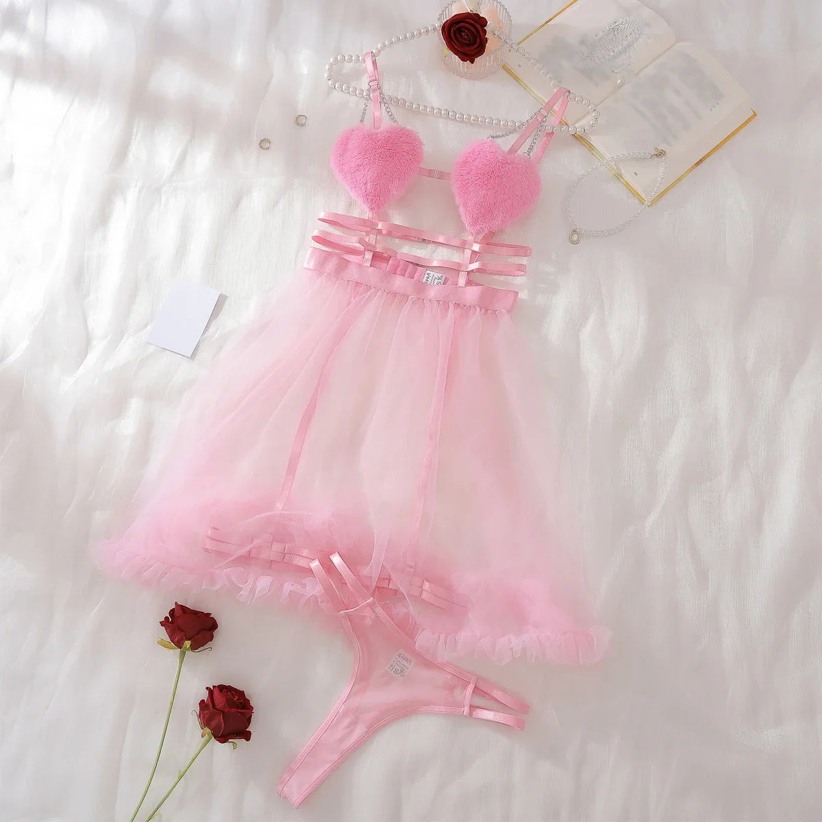 AVELINE 2026 Jumpsuit Mesh Puffy Lace Vintage Erotic Bra Set Cute and Playful Heart Chain Lace Up Halter Dresses
