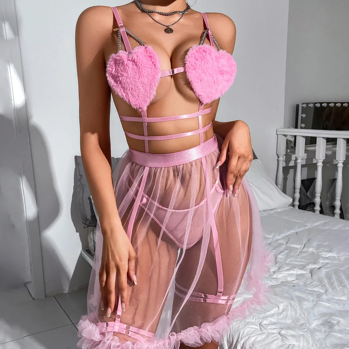 AVELINE 2026 Jumpsuit Mesh Puffy Lace Vintage Erotic Bra Set Cute and Playful Heart Chain Lace Up Halter Dresses