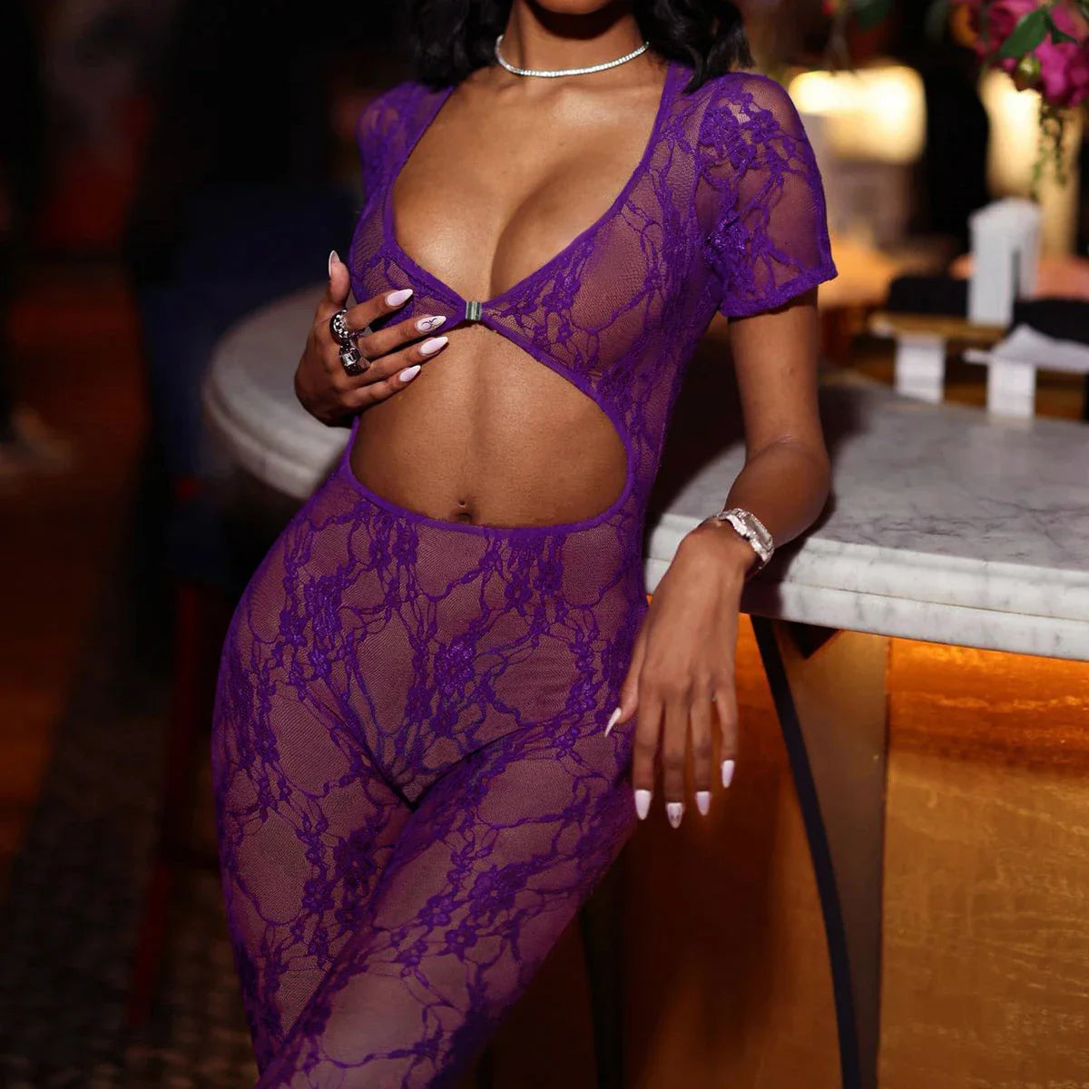 AVELINE 2026 Lace deep V-jumpsuit Fashionable Backless See Through High Waisted Jumpsuit