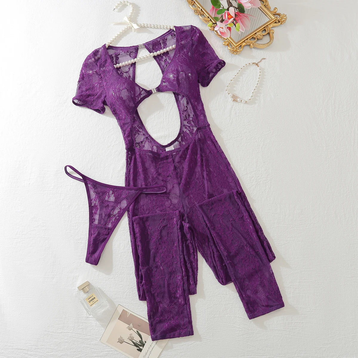 AVELINE 2026 Lace deep V-jumpsuit Fashionable Backless See Through High Waisted Jumpsuit