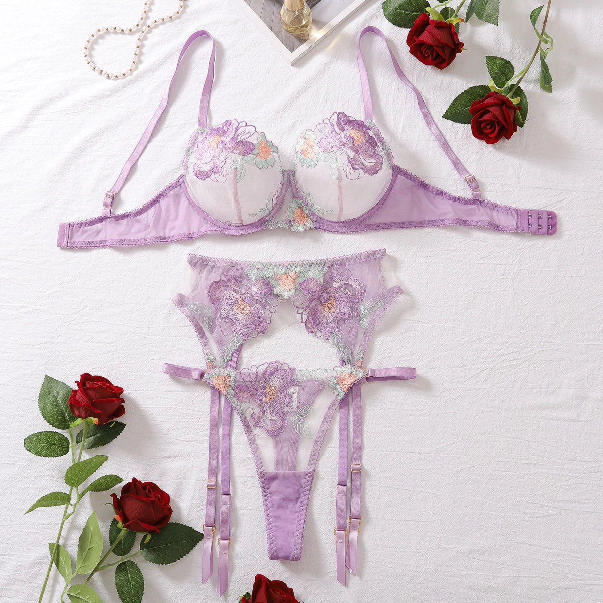 AVELINE Erotic Lingerie Set 3-Piece Sensual Underwear Push Up Bra Set Embroiderys Transparent Brief Sets