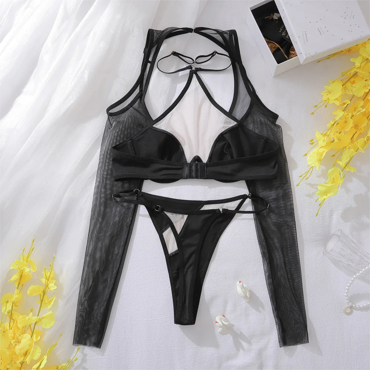 AVELINE Underwear Long Sleeve Strap Patch Mesh 3-Piece Set Youth Wear Close fitting Underwear