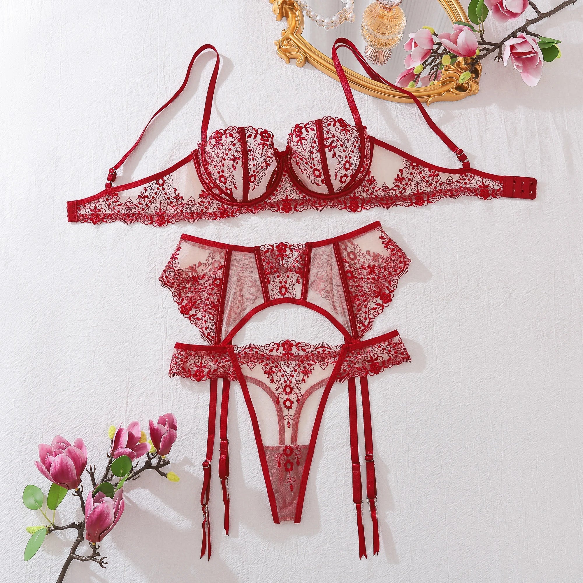 AVELINE Floral Embroidery Lingerie Sets Belt