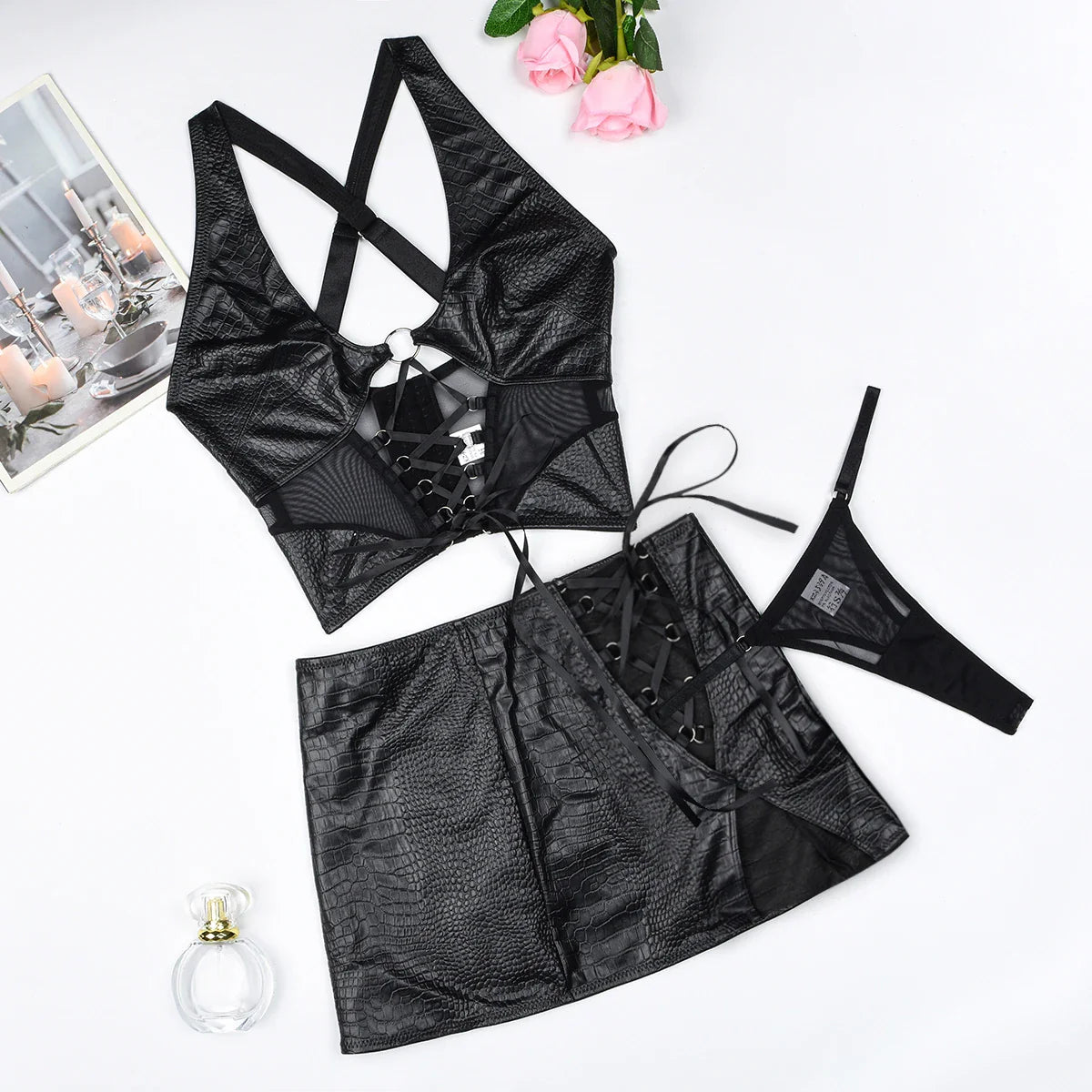AVELINE High-Quality Leather Cloth Splicing Mesh Straps Cross Neck Erotic Lingerie Set Onlyfans
