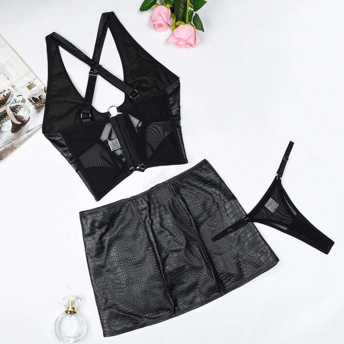 AVELINE High-Quality Leather Cloth Splicing Mesh Straps Cross Neck Erotic Lingerie Set Onlyfans