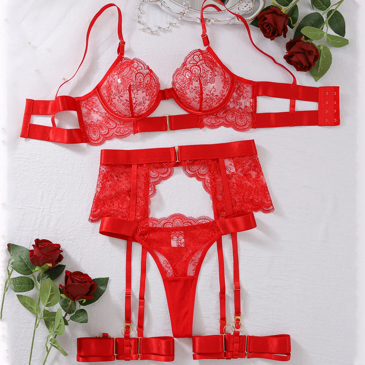 AVELINE Lingerie Set 2025 Transparent Embroidery Eyelash Lace Shaping Underwear Four-piece Set