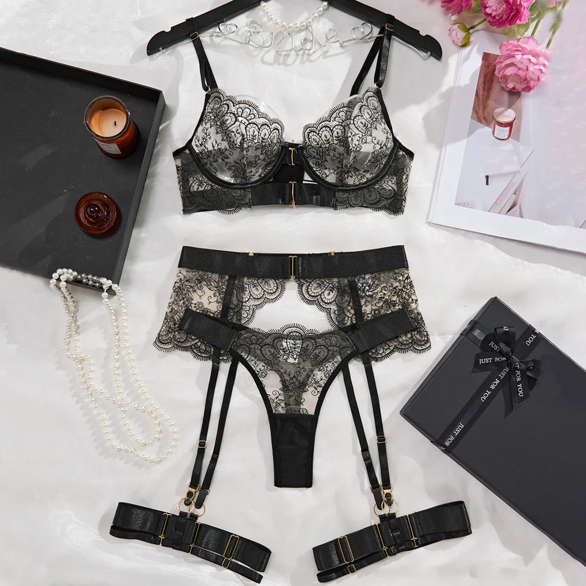 AVELINE Lingerie Set 2025 Transparent Embroidery Eyelash Lace Shaping Underwear Four-piece Set