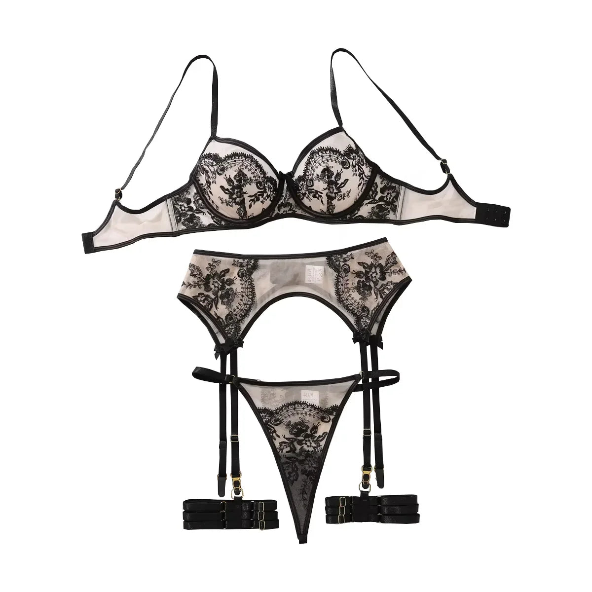AVELINE 4-piece Flower Embroidery Lingerie Set Pure Color Mesh Sheer Panty Set