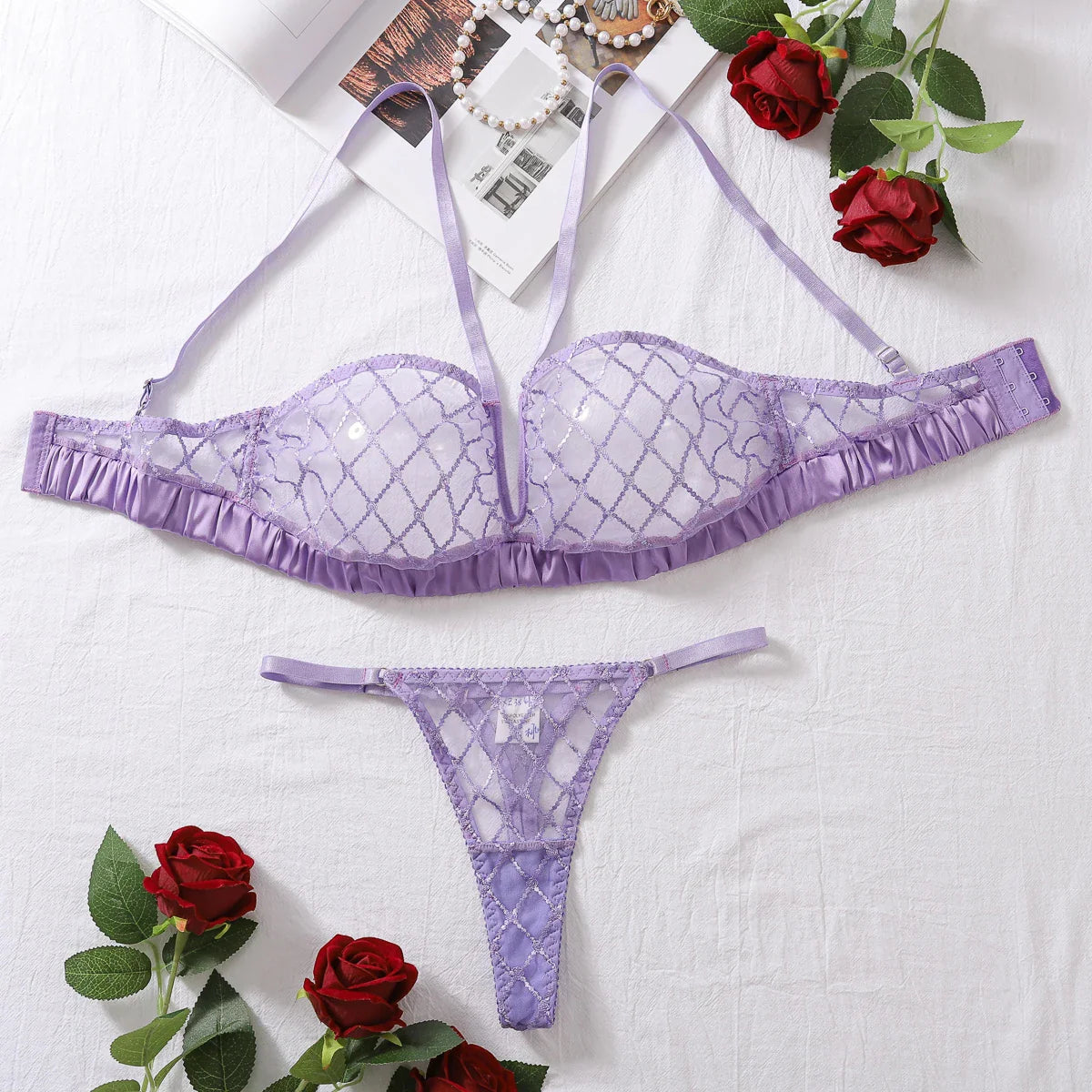 AVELINE French Purple Lace Thin Section Bra Set Mesh See-through Erotic Lingerie Panties two-piece Set