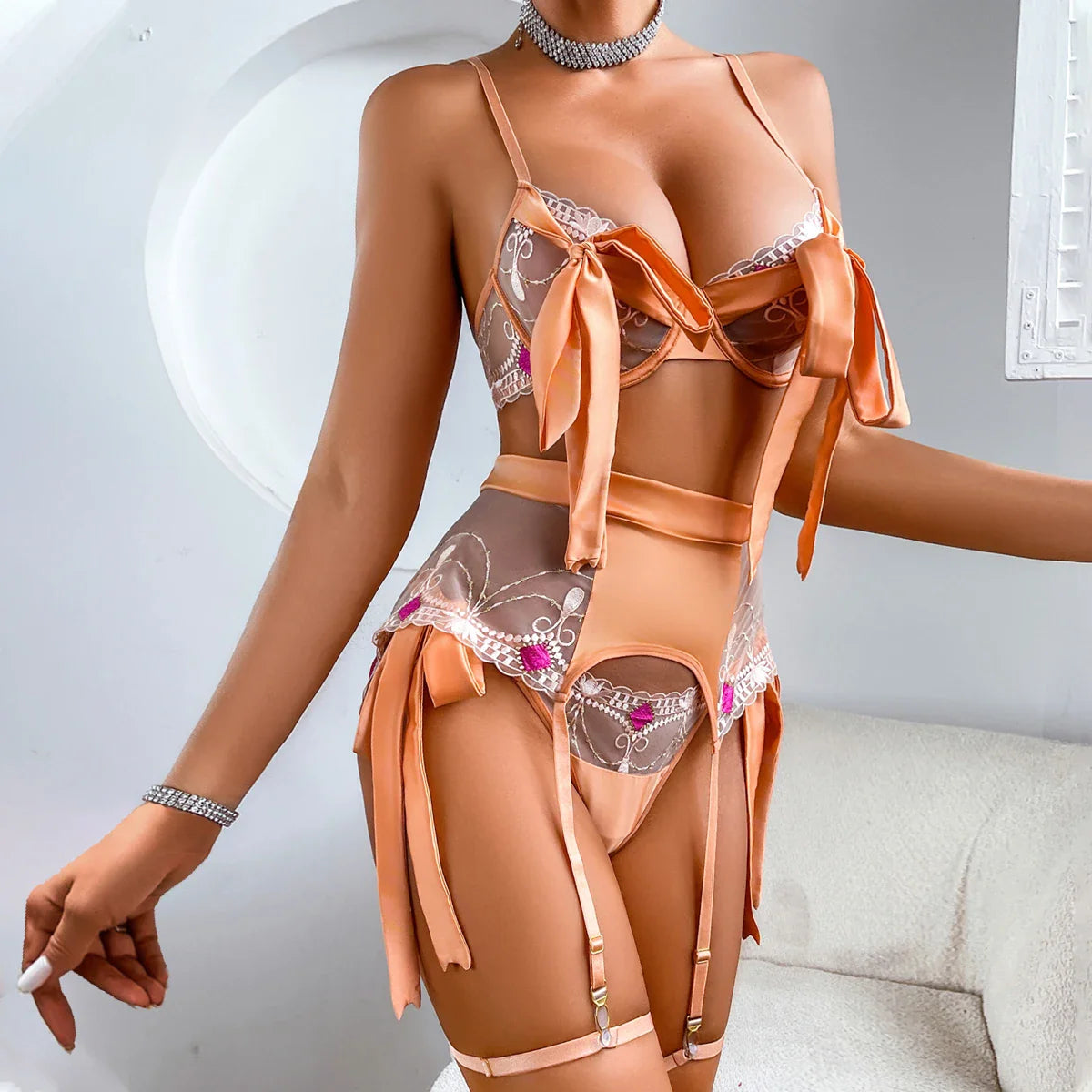 AVELINE Product Embroidered Exotic Style Close Fitting Underwear Splicing With Bow Tie 4-piece Set