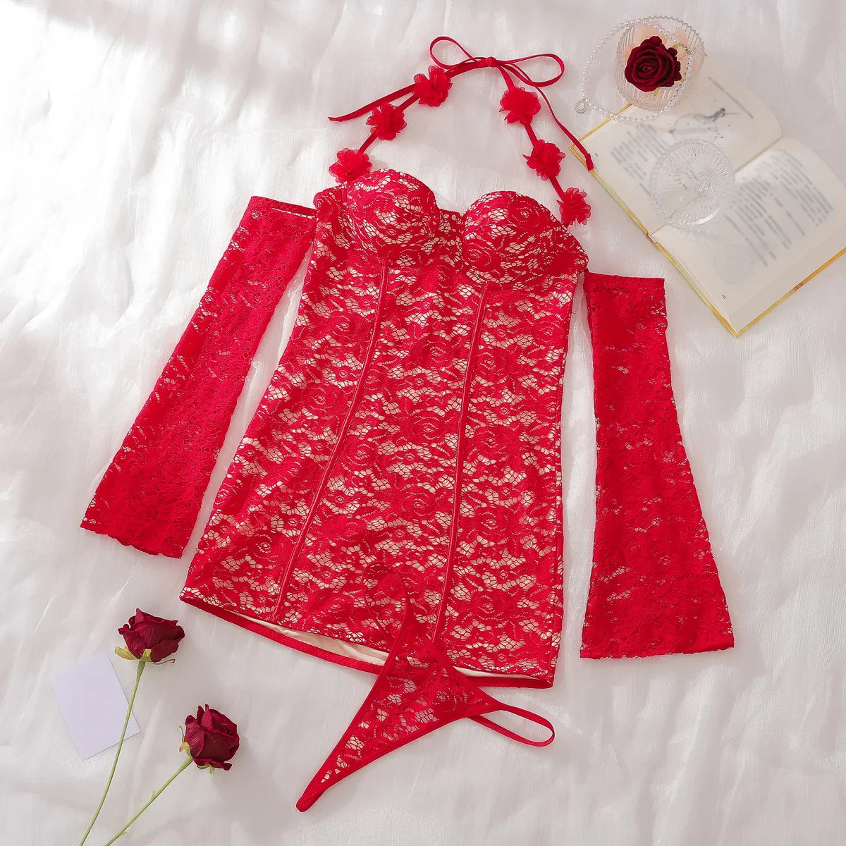 AVELINE 2025 Spring/Summer Strap Long Sleeve Party Club Tight Lace Red Mini Dress Wholesale Business Supplies