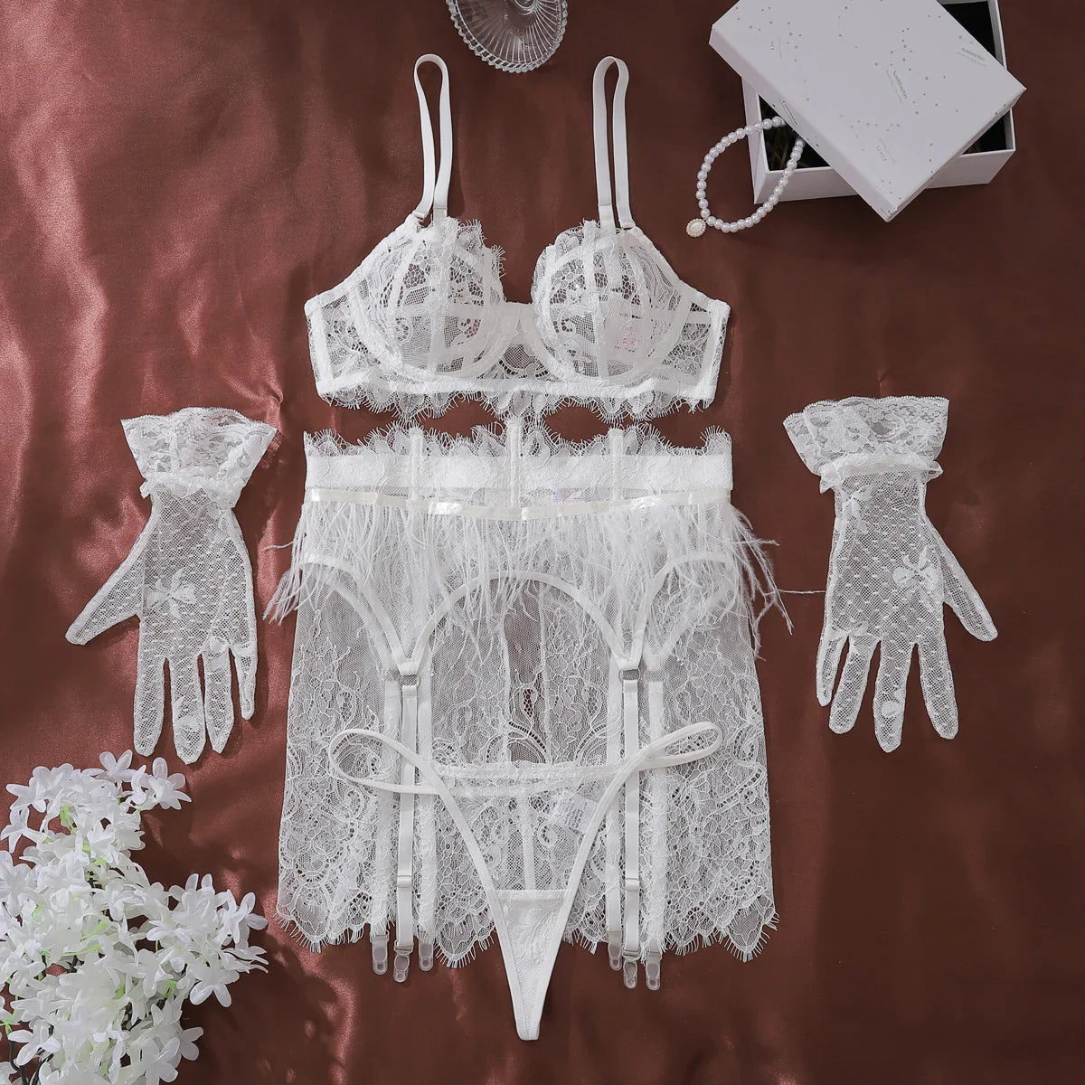 AVELINE Lace Underwear Feather Ultra Thin Underwear Night Call Girl Temptation Underwear 4-piece Set