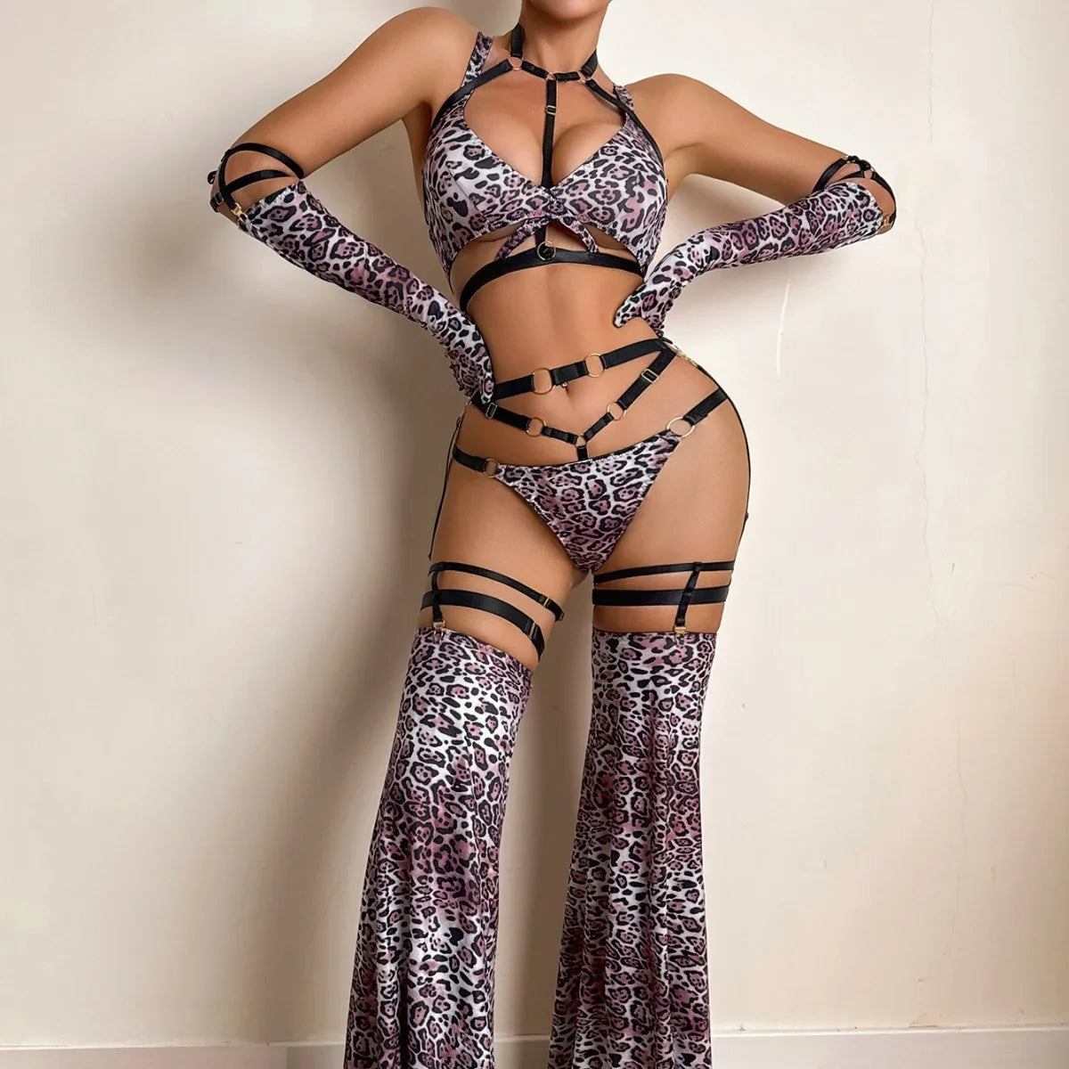 AVELINESexy, wild, complex lingerie leopard print bra set with stockings, gloves, tempting and erotic lingerie