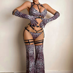 AVELINESexy, wild, complex lingerie leopard print bra set with stockings, gloves, tempting and erotic lingerie