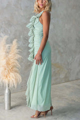 One-shoulder Pleated High Slit Slim Dress