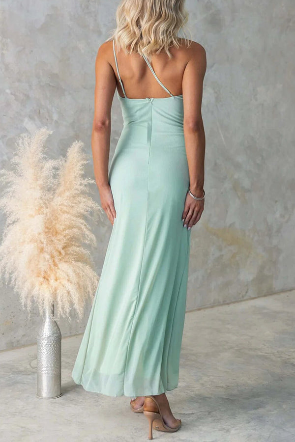 One-shoulder Pleated High Slit Slim Dress