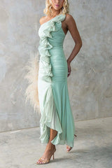 One-shoulder Pleated High Slit Slim Dress