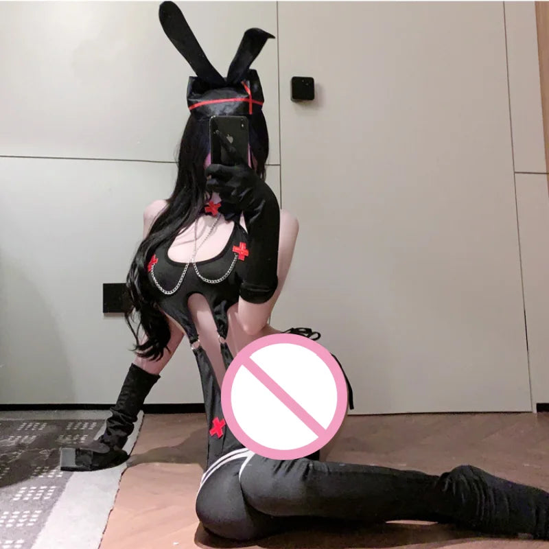 Backless Exposed Two-piece Slit Straps Design Bunny Girl No Take Off Three-point Lingerie Bunny Nurse Halloween