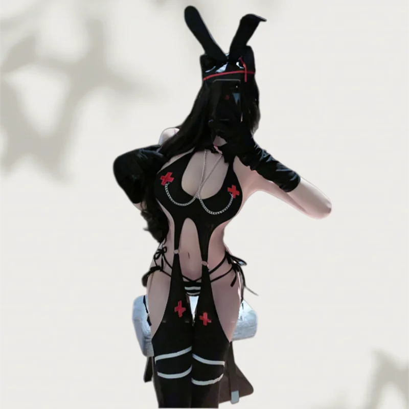 Backless Exposed Two-piece Slit Straps Design Bunny Girl No Take Off Three-point Lingerie Bunny Nurse Halloween