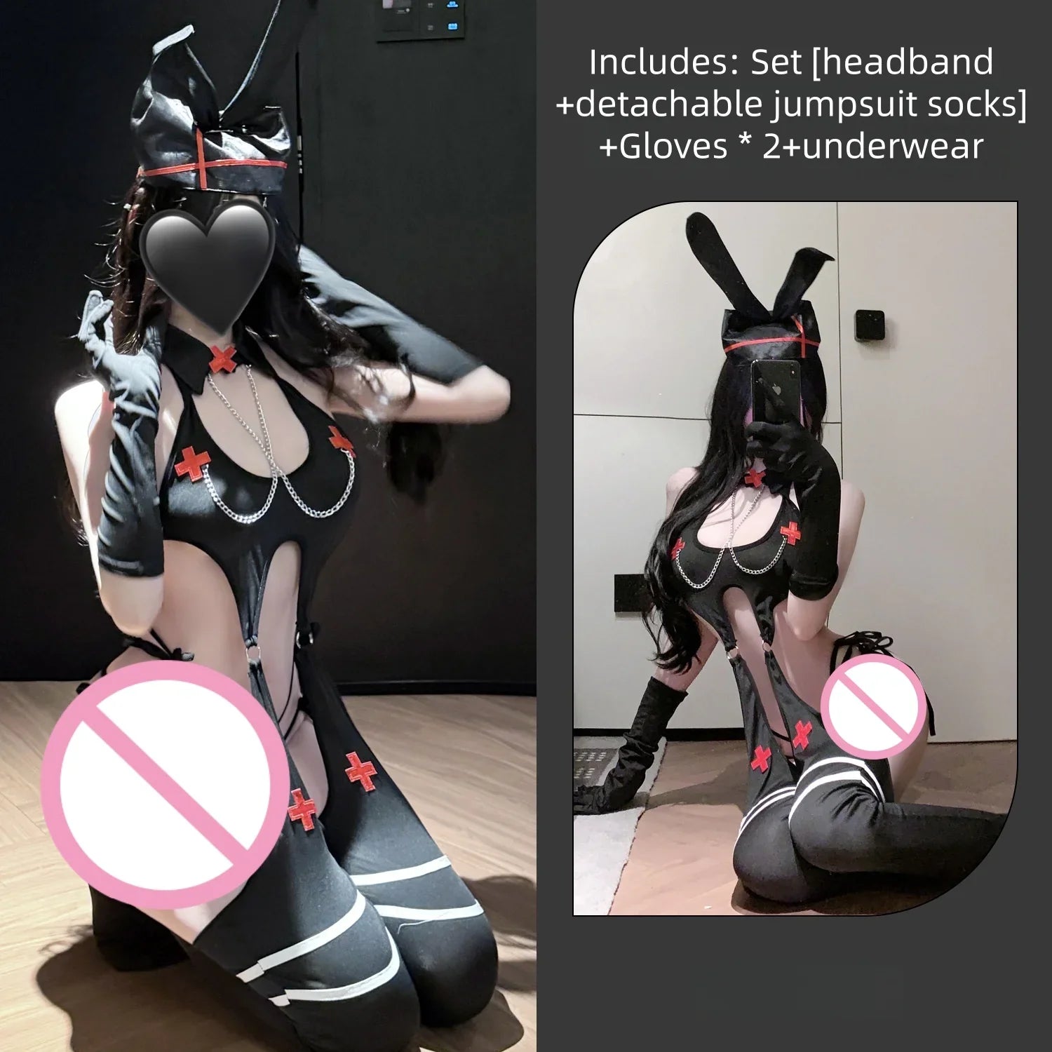 Backless Exposed Two-piece Slit Straps Design Bunny Girl No Take Off Three-point Lingerie Bunny Nurse Halloween
