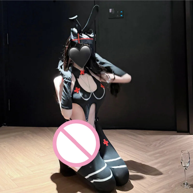 Backless Exposed Two-piece Slit Straps Design Bunny Girl No Take Off Three-point Lingerie Bunny Nurse Halloween